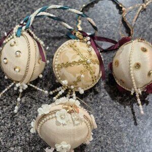 4 Vtg Push Pin Christmas Ornaments Cream Fabric Ball Sequin Beaded Handmade